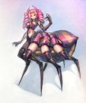  1girl arachne black_legwear blonde_hair bow_(bhp) breasts claws closed_mouth commentary drill_hair elbow_gloves extra_eyes gloves hand_up highres horns insect_girl large_breasts looking_at_viewer monster_girl multicolored_hair navel original pink_eyes pink_hair purple_gloves smile solo spider_girl standing thigh-highs twin_drills two-tone_hair 