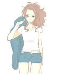  1girl brown_hair canari commentary_request creatures_(company) denim denim_shorts game_freak jacket jacket_removed long_hair nintendo open_fly panties panty_peek pokemon pokemon_(game) pokemon_bw shorts solo touko_(pokemon) underwear white_panties 