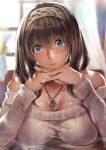  1girl backlighting bare_shoulders blue_eyes blurry blurry_background breast_rest breasts brown_hair chin_rest cleavage commentary_request hair_between_eyes hairband idolmaster idolmaster_cinderella_girls interlocked_fingers jewelry large_breasts long_hair looking_at_viewer necklace nohito off-shoulder_sweater pendant pov_across_table ribbed_sweater sagisawa_fumika solo sweater 