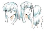  1girl blue blue_eyes blue_hair breasts closed_mouth commentary_request expressions hair_ornament hairclip ishii_hisao kantai_collection long_hair medium_breasts monochrome multiple_views nude sketch solo suzuya_(kantai_collection) wide-eyed 