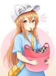  1girl absurdres bag bangs blue_shirt blush brown_eyes character_name clothes_writing commentary_request eyebrows_visible_through_hair fingernails flat_cap hair_between_eyes hat hataraku_saibou highres lebring light_brown_hair long_hair mouth_hold notice_lines object_hug parted_lips platelet_(hataraku_saibou) shirt short_sleeves shoulder_bag sidelocks solo very_long_hair whistle white_hat wide_sleeves 