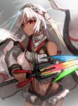  1girl altera_(fate) aruto2498 ass_visible_through_thighs bangs bare_shoulders breasts closed_mouth dark_skin detached_sleeves eyebrows_visible_through_hair fate/extella fate/extra fate/grand_order fate_(series) feet_out_of_frame headdress hips holding holding_weapon jewelry midriff navel photon_ray red_eyes short_hair simple_background small_breasts solo sword tagme tan tattoo weapon white_hair 