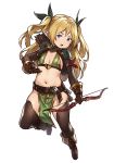  1girl arrow black_bow blonde_hair blue_eyes bow bow_(weapon) bra brown_footwear brown_gloves brown_legwear elf flat_chest full_body gloves green_bra hair_bow highres holding holding_bow_(weapon) holding_weapon houtengeki long_hair looking_at_viewer navel original parted_lips pelvic_curtain pointy_ears quiver shoulder_pads simple_background solo standing standing_on_one_leg thigh-highs two_side_up underwear weapon white_background 