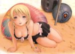  1girl absurdres bangs beach blonde_hair blue_eyes bracelet breasts btooom! cleavage day highres himiko_(btooom!) inoue_jun&#039;ya jewelry long_hair medium_breasts nail official_art skirt solo swimsuit 