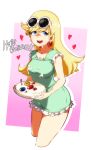 1girl absurdres blonde_hair blue_eyes breasts cake candle dress earrings eyewear_on_head food food_on_clothes food_on_face green_dress happy_birthday heart highres jcm2 jewelry leni_loud long_hair medium_breasts open_mouth round_teeth smile solo sunglasses teeth the_loud_house 