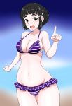  1girl bikini bikini_skirt black_hair blurry blurry_background blush braid breasts brown_eyes cleavage curvy eyebrows french_braid groin highres kantai_collection medium_breasts myoukou_(kantai_collection) navel osage_gankyou plump pointing skindentation smile solo swimsuit thighs 