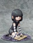  1girl arm_warmers black_dress black_hair book dress faux_figurine full_body hair_over_eyes highres jcm2 lucy_loud sitting smile solo striped striped_legwear the_loud_house thigh-highs wariza 