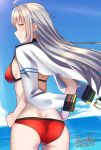 1girl ahoge alternate_costume ass back beach bikini blue_sky blush breasts butt_crack closed_mouth clouds dated day eyebrows_visible_through_hair facial_scar from_behind gangut_(kantai_collection) hair_between_eyes hands_on_hips jacket kantai_collection light_smile long_hair long_sleeves looking_at_viewer looking_back medium_breasts ocean off_shoulder outdoors pallad red_bikini remodel_(kantai_collection) scar scar_on_cheek signature silver_hair sky smile swimsuit thighs white_jacket 