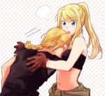  1boy 1girl :o =3 amputee bare_arms bare_shoulders between_breasts black_shirt black_tank_top blonde_hair blue_eyes blush braid breasts brown_gloves commentary_request edward_elric embarrassed eyebrows_visible_through_hair facing_away falling frown fullmetal_alchemist gloves head_between_breasts long_hair looking_down navel nervous open_mouth pink_background polka_dot polka_dot_background ponytail profile shirt simple_background sweatdrop tank_top tsukuda0310 two-tone_background upper_body white_background winry_rockbell 