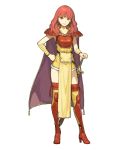  1girl armor bangs breastplate cape celica_(fire_emblem) fire_emblem fire_emblem_gaiden fire_emblem_heroes full_body hand_on_hip hidari_(left_side) high_heels highres long_hair looking_at_viewer official_art pelvic_curtain red_eyes redhead smile solo standing sword thigh-highs transparent_background weapon 