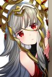  1girl crown detached_sleeves eyebrows_visible_through_hair fire_emblem fire_emblem_heroes hair_ornament highres long_hair peeking_out red_eyes ringozaka_mariko simple_background veronica_(fire_emblem) white_background white_hair 