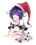  1girl adapted_costume arm_rest bangs commentary_request cowboy_shot crossed_arms doremy_sweet dress hat looking_at_viewer nightcap parted_lips pom_pom_(clothes) purple_hair raptor7 short_hair short_sleeves simple_background smile smug solo touhou violet_eyes white_background white_dress 