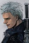  1boy blue_eyes blue_hair blue_jacket copyright_request devil_may_cry from_side grey_background grin hankuri jacket male_focus nero parted_lips profile simple_background smile solo upper_body 