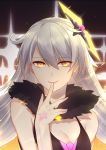  1girl 7t absurdres argyle bare_shoulders benghuai_xueyuan black_dress breasts cleavage dress evil_smile eyebrows_visible_through_hair eyes_visible_through_hair finger_to_mouth fur_trim glowing hair_between_eyes hair_ornament highres honkai_impact kiana_kaslana long_hair looking_at_viewer medium_breasts ringed_eyes silver_hair smile solo symbol-shaped_pupils tattoo upper_body yellow_eyes 