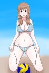  1girl bare_shoulders beach_volleyball bikini blurry blurry_background blush breasts brown_eyes brown_hair cleavage eyebrows_visible_through_hair gluteal_fold groin harukana_receive highres kneeling large_breasts long_hair navel oozora_haruka_(harukana_receive) osage_gankyou plaid plaid_bikini skindentation smile swimsuit thighs 