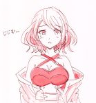  1girl bangs blush breasts cleavage eyebrows_visible_through_hair large_breasts looking_at_viewer marker_(medium) open_mouth pink_eyes pink_hair potekite shichisei_no_subaru short_hair simple_background sketch solo traditional_media upper_body usui_satsuki white_background 