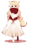  1girl animal_ears barefoot blonde_hair blush commentary_request dated dress fox_ears fox_tail full_body heart konshin long_hair long_sleeves looking_at_viewer original pajamas pillow pillow_hug red_eyes signature simple_background solo standing tail white_background white_dress 
