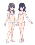  2girls aoi_kumiko bangs bare_arms bare_legs bare_shoulders barefoot bikini black_hair blue_bikini blush brown_eyes brown_hair closed_mouth collarbone eyebrows_visible_through_hair fingernails flat_chest groin hair_between_eyes hand_holding highres interlocked_fingers long_hair looking_at_viewer multiple_girls navel original parted_lips pink_bikini simple_background smile standing swimsuit white_background 