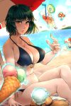  1girl bare_shoulders beach breasts cleavage cup drinking_glass drinking_straw floating food fubuki_(one-punch_man) green_eyes green_hair hat highres ice_cream large_breasts ocean one-punch_man short_hair sitting sky straw_hat sweat sweatdrop swimsuit telekinesis 