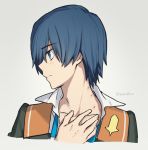 1boy bangs blue_eyes blue_hair blush collared_shirt commentary_request darling_in_the_franxx eyebrows_visible_through_hair hand_on_own_chest hiro_(darling_in_the_franxx) injury male_focus military military_uniform open_clothes open_shirt shirt short_hair signature solo toma_(norishio) uniform wing_collar 