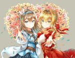 2girls ahoge bangs black_shirt blue_eyes blue_hairband blue_jacket blue_skirt blush collared_shirt crossover dress_shirt epaulettes eyebrows_visible_through_hair fate/extra fate/grand_order fate_(series) flower girls_frontline green_eyes grey_background hair_intakes hair_ornament hair_ribbon hairband jacket juliet_sleeves light_brown_hair long_hair long_sleeves looking_at_viewer melynx_(user_aot2846) multiple_girls nero_claudius_(fate) nero_claudius_(fate)_(all) outstretched_arm petals puffy_sleeves red_ribbon ribbon shirt short_hair skirt smile snowflake_hair_ornament standing striped suomi_kp31_(girls_frontline) vertical-striped_skirt vertical_stripes wide_sleeves 