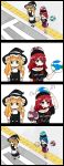  4koma blonde_hair blue_hair braid clothes_writing comic commentary_request crosswalk hat hecatia_lapislazuli highres jetto_komusou kirisame_marisa polos_crown redhead silent_comic single_braid touhou witch_hat 