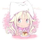  1girl :3 ahoge animal_hat bangs blonde_hair blue_eyes blush cat_hat commentary_request crayon crayon_drawing eating food food_on_face hat holding holding_spoon kuro_(kuroneko_no_kanzume) long_hair original pale_color pink_shirt plate pudding shirt solo spoon u_u upper_body wavy_mouth 
