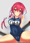  1girl blush breasts closed_mouth curvy eyebrows_visible_through_hair grey_background hair_between_eyes highres i-168_(kantai_collection) kantai_collection large_breasts long_hair plump red_eyes redhead school_swimsuit simple_background solo swimsuit thighs torpedo unomi 