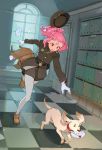  1girl badge belt brown_footwear checkered checkered_floor commentary dog envelope gloves hat hat_removed headwear_removed highres indoors long_hair looking_ahead open_mouth original pink_hair red_eyes tim_loechner uniform white_gloves white_legwear window 