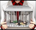 black_hair cage enomoto_takane highres holding holding_cage kagerou_project kokonose_haruka labcoat long_sleeves lying on_back school_uniform tateyama_kenjirou twintails unconscious urashima_(kamenagomi) 