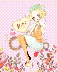  1girl bel_(pokemon) blonde_hair breasts commentary_request creatures_(company) flower game_freak green_hat hand_up hat jacket medium_hair nintendo open_mouth orange_jacket pokemon pokemon_(game) pokemon_bw short_hair smile solo 