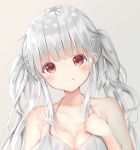  1girl :p bangs bare_shoulders blush breasts cleavage closed_mouth collarbone colored_eyelashes commentary_request dress eyebrows_visible_through_hair grey_background halter_top halterneck hand_up head_tilt highres long_hair looking_at_viewer medium_breasts original red_eyes sashima sidelocks silver_hair simple_background sleeveless sleeveless_dress smile solo tongue tongue_out twintails white_dress 