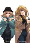  2girls 302 absurdres atra_mixta black_hat black_jacket black_skirt blonde_hair breasts brown_coat character_name coat cup green_jacket gundam gundam_tekketsu_no_orphans hat highres jacket kudelia_aina_bernstein large_breasts light_brown_hair long_hair multiple_girls open_mouth pantyhose pleated_skirt red_eyes sidelocks skirt smile turtleneck violet_eyes 