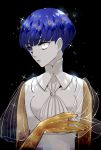 1other black_background blue_eyes blue_hair chino_machiko closed_mouth commentary_request cravat hand_up heterochromia houseki_no_kuni looking_to_the_side phosphophyllite phosphophyllite_(ll) see-through short_hair solo sparkle upper_body white_eyes white_neckwear