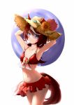  1girl 2267420264 animal_ears armpits arms_behind_head bikini bikini_skirt blue_eyes blush brown_hair ears_through_headwear flower frilled_bikini_top frilled_skirt frills gem hat hat_flower horse_ears horse_girl horse_tail horseshoe innertube looking_at_viewer multicolored_hair navel red_bikini short_hair skirt smile solo special_week straw_hat streaked_hair sun_hat swimsuit tail umamusume 