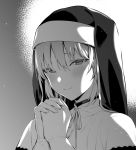  1girl bangs blush closed_mouth commentary_request greyscale habit hands_up hiiragi_yuuichi looking_at_viewer monochrome neck_ribbon nijisanji nun own_hands_together ribbon sister_cleaire smile solo upper_body veil 
