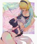  2girls ahoge bangs bikini black_bikini black_jacket blonde_hair blue_eyes border braid breasts choker cleavage closed_eyes closed_mouth commentary_request eyebrows_visible_through_hair fate/apocrypha fate/grand_order fate_(series) gloves grey_border hair_between_eyes hairband jacket jeanne_d&#039;arc_(alter_swimsuit_berserker) jeanne_d&#039;arc_(fate)_(all) jeanne_d&#039;arc_(swimsuit_archer) kibadori_rue large_breasts long_hair multicolored multicolored_background multiple_girls o-ring sad smile swimsuit very_long_hair yellow_eyes 