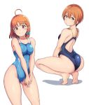  2girls ahoge alp ass bare_shoulders blue_swimsuit braid breasts competition_school_swimsuit from_behind hair_ribbon hoshizora_rin looking_at_viewer looking_back love_live! love_live!_school_idol_project love_live!_sunshine!! medium_breasts multiple_girls one-piece_swimsuit orange_hair ribbon school_swimsuit shiny shiny_hair shiny_skin short_hair side_braid simple_background smile squatting standing swimsuit takami_chika white_background yellow_eyes 