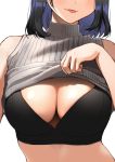  1girl black_bra black_hair bra breasts cleavage close-up head_out_of_frame large_breasts lifted_by_self nishizawa original shirt_lift sleeveless sleeveless_turtleneck solo sweater tongue tongue_out turtleneck turtleneck_sweater underwear white_background 