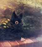  black_cat bush cat commentary hiding manino_(mofuritaionaka) mouse no_humans original outdoors signature wide-eyed 