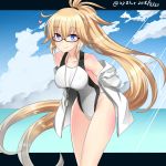  1girl bangs bare_shoulders black-framed_eyewear blonde_hair blue_eyes blue_sky breasts casual_one-piece_swimsuit closed_mouth clouds cloudy_sky commentary_request day eyebrows_visible_through_hair fate/grand_order fate_(series) glasses groin hair_between_eyes hebitsukai-san highres horizon jacket jeanne_d&#039;arc_(fate)_(all) jeanne_d&#039;arc_(swimsuit_archer) large_breasts long_hair ocean off_shoulder one-piece_swimsuit outdoors sky smile solo swimsuit twitter_username very_long_hair water whistle white_jacket white_swimsuit 