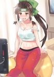  ball black_hair blush bow breasts brown_eyes exercise_ball green_bow hair_bow hair_ornament headband jintsuu_(kantai_collection) kantai_collection kenzen large_breasts long_hair looking_at_viewer open_mouth pants ponytail red_pants sweat sweatdrop television tonari_no_kai_keruberosu 