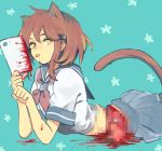  1girl animal_ears aqua_background bangs bleeding blood blood_drip blood_from_mouth blood_on_face blood_splatter blue_sailor_collar blue_skirt bob_cut breasts brown_hair cat_ears cat_girl cat_tail censored censored_violence closed_mouth commentary_request crop_top expressionless from_side half-closed_eyes hands_up heart heart_censor holding kao_(kaoree) licking licking_blood looking_at_viewer looking_to_the_side lying medium_hair miniskirt mosaic_censoring neckerchief on_stomach original pleated_skirt red_neckwear sailor_collar shirt short_sleeves sidelocks simple_background skirt sleeve_cuffs small_breasts solo tail thick_eyebrows tongue tongue_out white_shirt yellow_eyes 