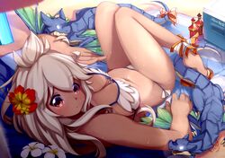  1girl ankle_ribbon barefoot beach bikini blanket commentary_request cooler dark_skin dragon eyebrows_visible_through_hair flower granblue_fantasy hair_flower hair_ornament looking_at_viewer looking_back psychopath_idiot red_eyes ribbon solo sweat swimsuit white_hair zooey_(granblue_fantasy) 