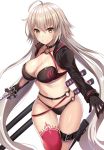  1girl ahoge bangs bikini black_bikini black_jacket blush breasts choker cleavage collarbone cropped_jacket eyebrows_visible_through_hair fate/grand_order fate_(series) gloves groin hair_between_eyes harimoji highres holding holding_sword holding_weapon jacket jeanne_d&#039;arc_(alter_swimsuit_berserker) jeanne_d&#039;arc_(fate)_(all) katana large_breasts long_hair looking_at_viewer messy_hair multiple_swords navel o-ring o-ring_bikini parted_lips red_legwear sheath sidelocks simple_background single_thighhigh smirk solo stomach swimsuit sword thigh-highs thigh_strap very_long_hair weapon white_background yellow_eyes 
