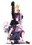  3girls abigail_williams_(fate/grand_order) albino alphy arm_up bandaid bandaid_on_forehead bangs bent_over black_jacket blue_eyes blush bow commentary_request eyebrows_visible_through_hair fate/grand_order fate_(series) full_body gundam gundam_narrative hair_bow hair_bun hair_ornament hairclip highres horn jacket katsushika_hokusai_(fate/grand_order) kneeling lavinia_whateley_(fate/grand_order) long_hair long_sleeves looking_at_viewer multiple_girls open_mouth orange_bow pale_skin pants parody parted_bangs pleated_skirt polka_dot polka_dot_bow pose purple_hair red_eyes ribbed_sweater see-through shaded_face shoes short_hair simple_background skirt sleeves_past_fingers sleeves_past_wrists standing sweater white_background white_hair wide-eyed 