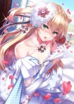  1girl admiral_hipper_(azur_lane) ahoge azur_lane bangs blonde_hair blue_neckwear blue_sky blurry blurry_background blush breasts bridal_veil clouds collarbone crying crying_with_eyes_open day dress elbow_gloves eyebrows_visible_through_hair field floating_hair flower flower_field gloves green_eyes hair_between_eyes hair_ornament hand_on_hip head_tilt highres iron_cross ken_ill long_hair looking_at_viewer mole mole_under_eye necktie necktie_grab neckwear_grab off_shoulder open_mouth outdoors petals pov railing sky small_breasts sparkle tearing_up tears two_side_up veil wedding_dress white_dress white_gloves wind 