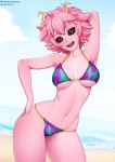  1girl :d arm_behind_head arm_up armpits ashido_mina bare_arms bare_shoulders beach bikini black_sclera boku_no_hero_academia breasts breasts_apart collarbone day halter_top halterneck hand_on_hip head_tilt hips horns looking_at_viewer medium_breasts medium_hair messy_hair navel neocoill ocean open_mouth outdoors pink_hair pink_skin sand smile solo stomach strap_gap swimsuit upper_body water watermark web_address yellow_eyes 