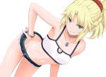  1girl bandeau bare_shoulders belt blonde_hair bracelet breasts cleavage dutch_angle fang fate/apocrypha fate_(series) green_eyes hand_on_hip jewelry leaning_forward midriff mordred_(fate)_(all) navel necklace shorts smile tsukumo 