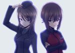  2girls adjusting_clothes adjusting_hat ankoku_no_ojisan backlighting brown_hair cosplay costume_switch crossed_arms eyebrows_visible_through_hair garrison_cap girls_und_panzer hair_between_eyes hat kuromorimine_military_uniform mika_(girls_und_panzer) multiple_girls nishizumi_maho white_background 